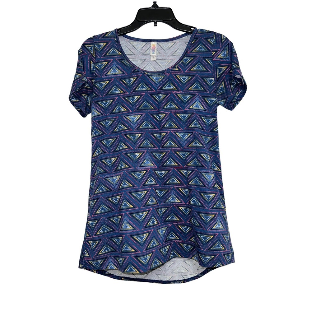 LuLaRoe Top Womens Size XXS Geometric Round Hem Blue High Low Short Sleeve